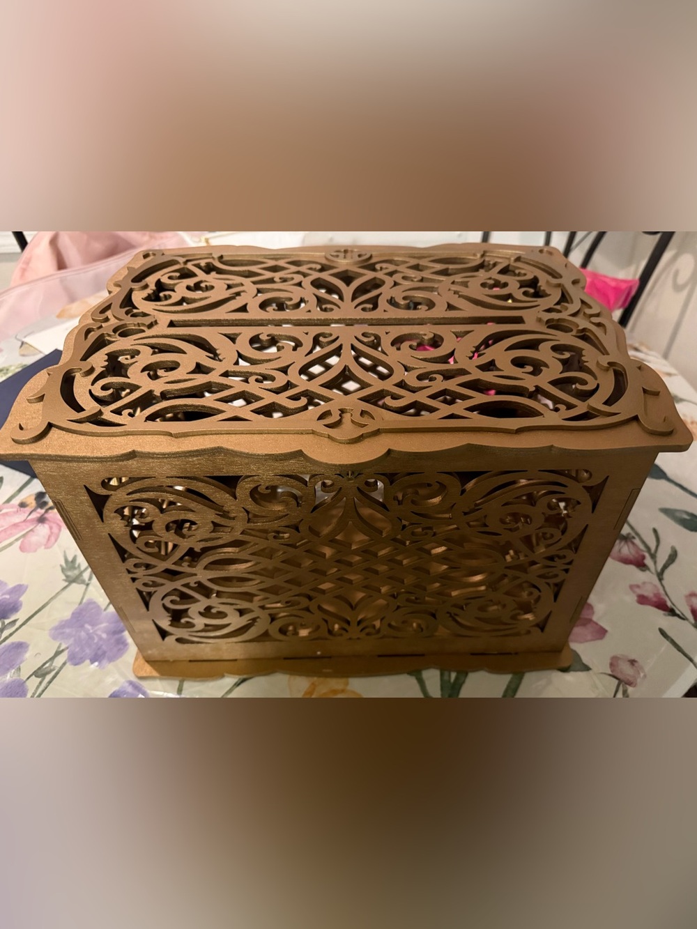 Ornate Laser-Cut Wooden Decorative Card Box Large Size— Antique Gold Color - EUC